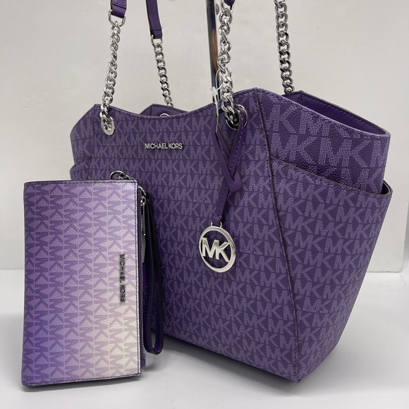 Michael Kors Handbags - MICHAEL KORS JST Lg Chain Shoulder Tote & Double Zip Wristlet Wallet 
Dk Purple